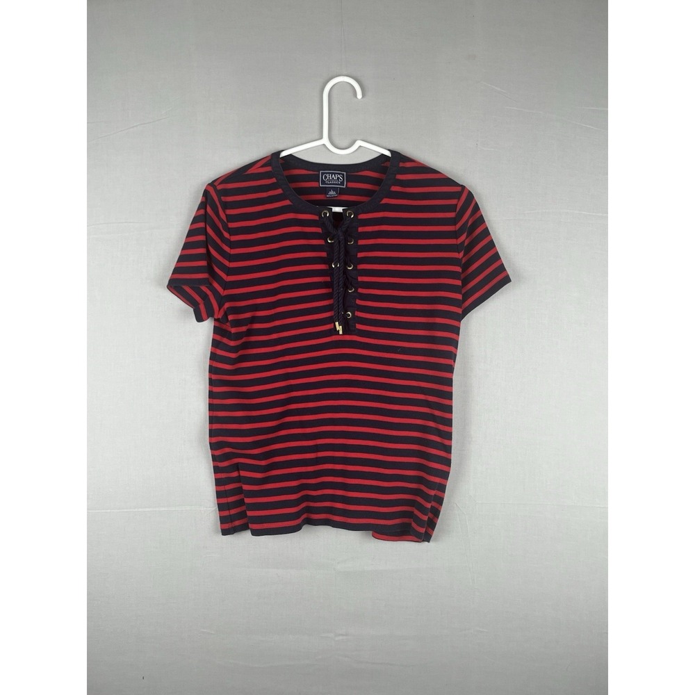 Chaps Womens Top Large Red Black Striped Lace Up Neck Short Sleeve Casual